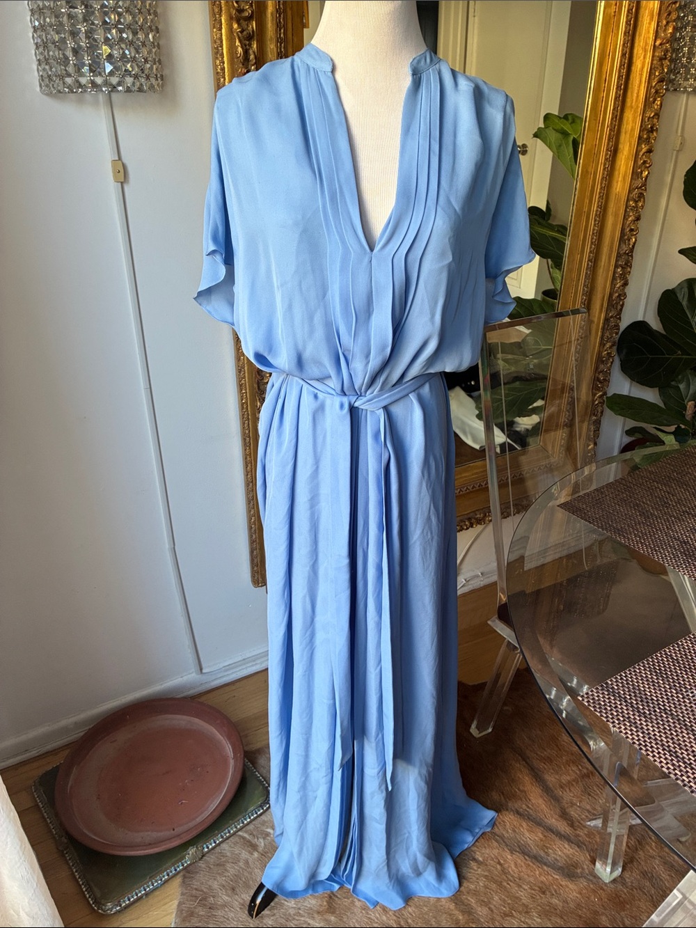 L'AGENCE Sky Blue silk Pleated V-Neck Maxi Dress with Self Belt